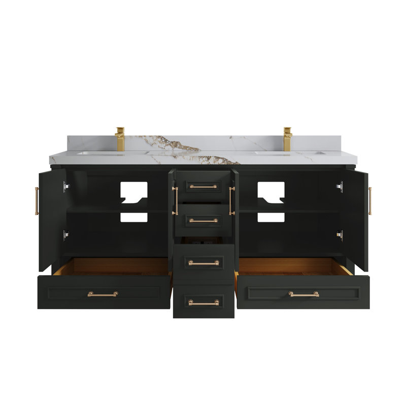 Aberdeen 72'' Double Bathroom Vanity with Top, Calacatta Gold, Blacktop