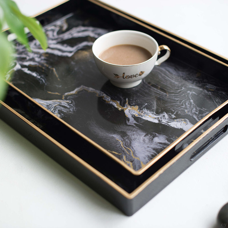 S/2 Effra Rectangular Trays,Black Marbled
