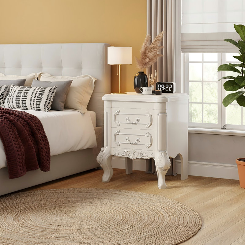 Carved Nightstand, Bedside Table End Table with 2 Drawers