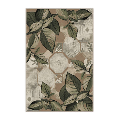 Machine Washable Ottwell Basil Global Inspired Geometric Rug in Brown – Beige Binding