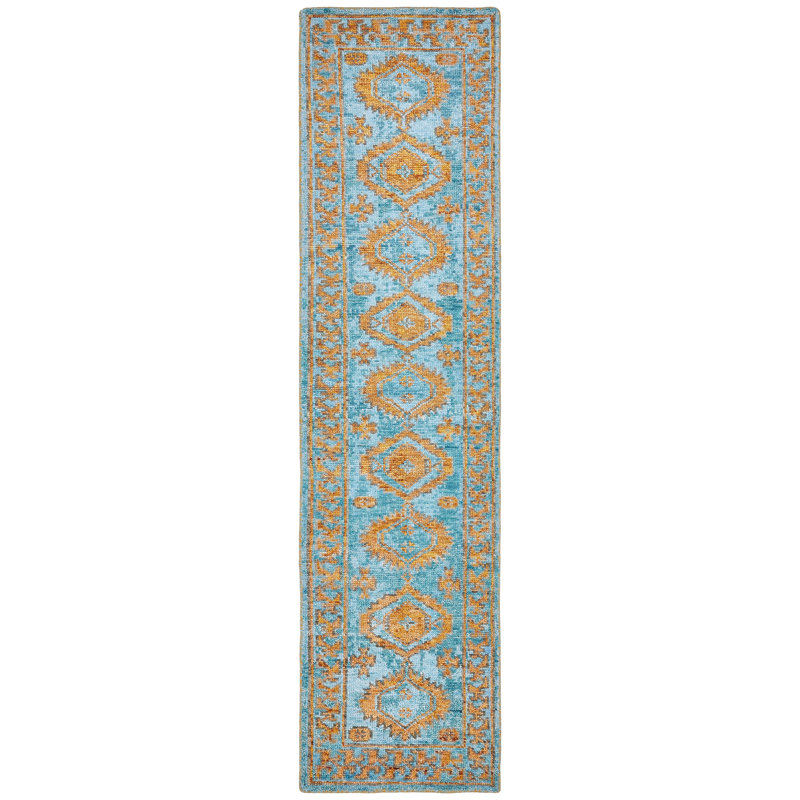 Tribal Elegance Orange/Rust/Grey Hand-Knotted Wool Area Rug, Runner 2'6" x 10', Blue