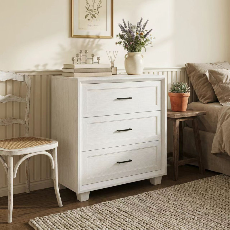 34.4" H 3-Drawer Dresser With Solid Wood Feet, White/Black