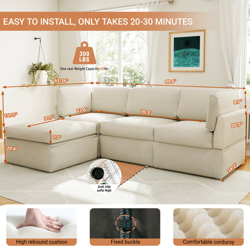 100″ Luxury Corduroy Modular Sectional Sofa – 4-Piece L-Shaped Oversized Couch with Ottomans in Beige White, Beige Polyester