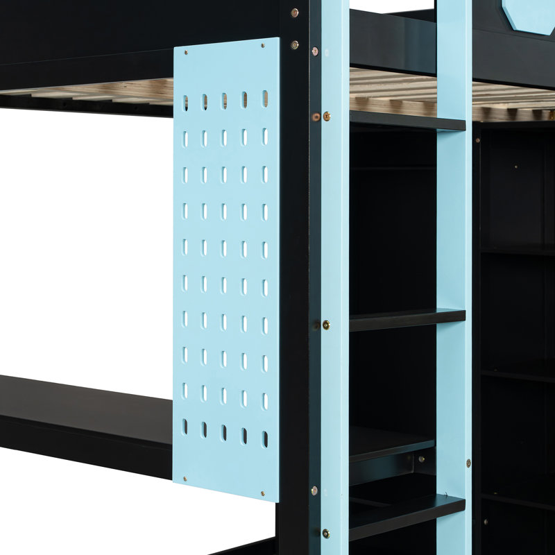 Neriah Wood Loft Bed with Desk, Open Wardrobe & RGB Light, Blue