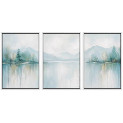 Paysage de lac de montagne bleu doux et reflet brumeux, tableau encadré giclée en trois parties, idéal pour la chambre à coucher.