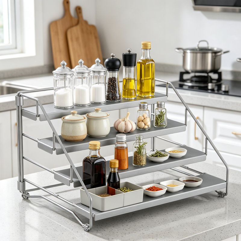 4-Tier Adjustable Depth Spice Rack Organizer for Counter & Cabinet
