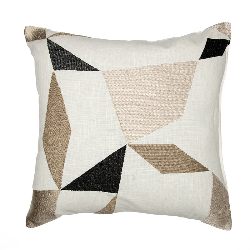 Ivory and Tan Geometric Embroidered Cotton Blend Throw Pillow