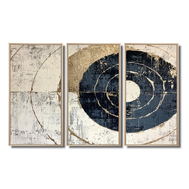 «Beige et bleu», ensemble d'impressions d'art mural abstrait spirale céleste «I», Naturel, Reproduction avec cadre flottant