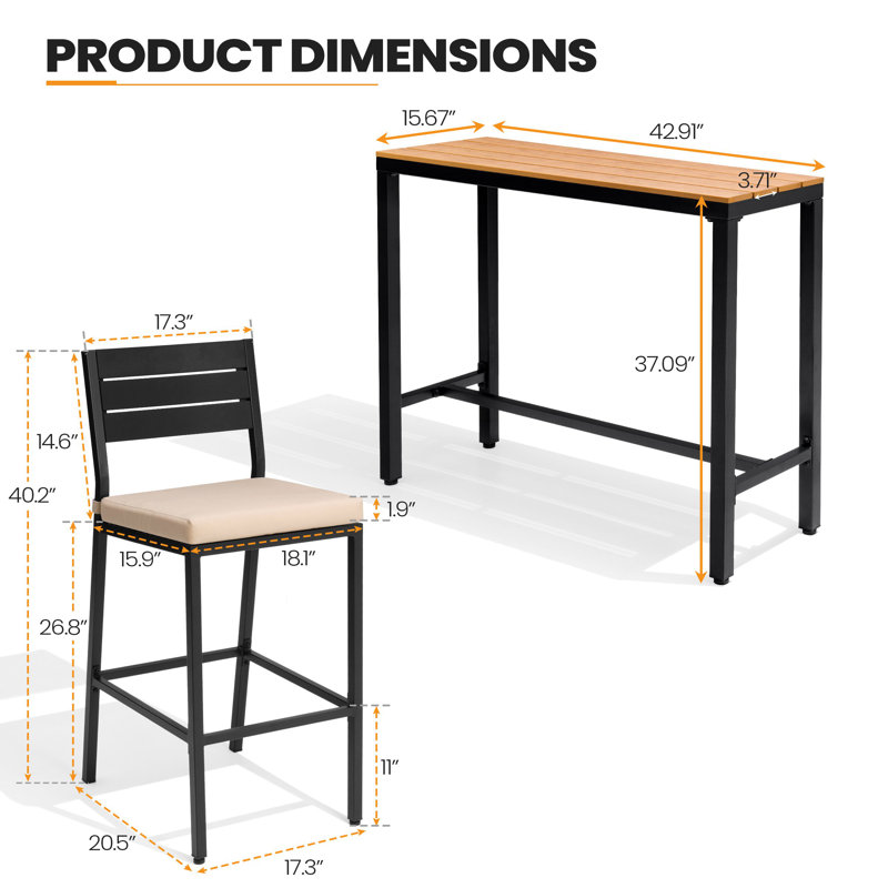 2 - Person Metal Patio Dining Set With Rectangular Bar Table , Cushions Included, Beige, Brown