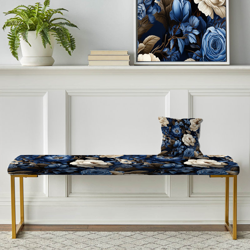Banc bleu rembourré à motif floral victorien III - Blue Renaissance Roses