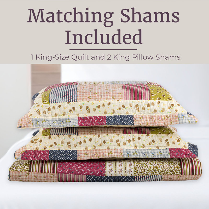  Patchwork Quilt Set - with Pillow Sham/s - Machine Washable Lightweight Multicolor Bedding, King Quilt + 2 Shams