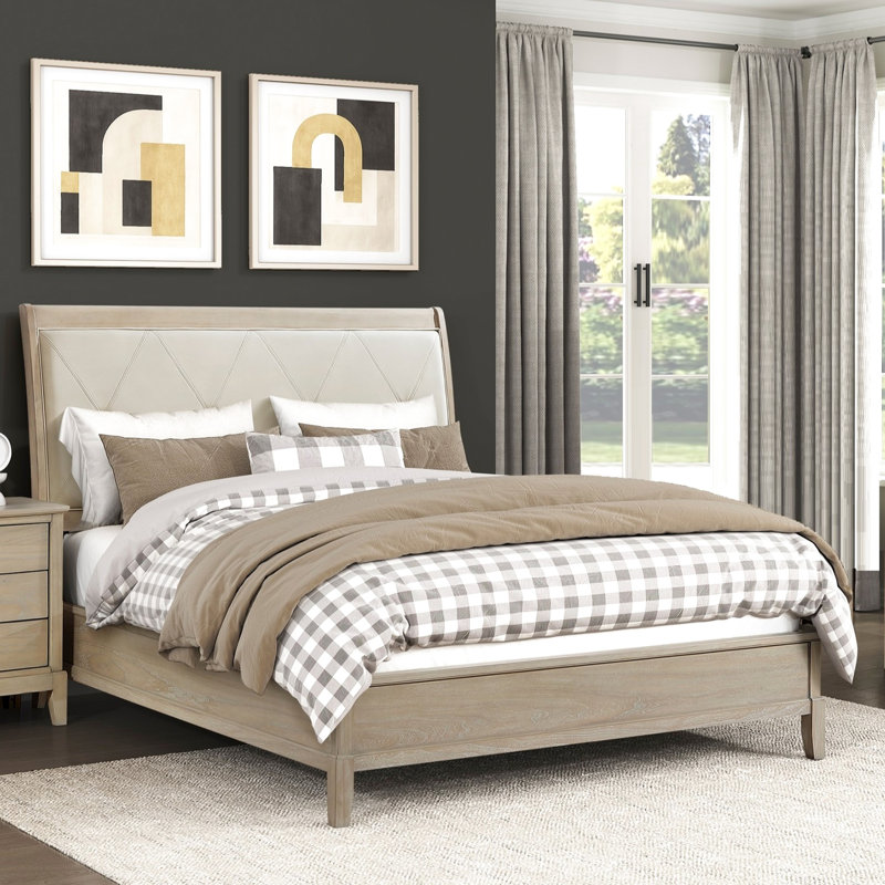 Lit double classique avec tête de lit tapissier en similicuir beige, conception à boutons et rails inclus Taille dans le style, pour la chambre à coucher
