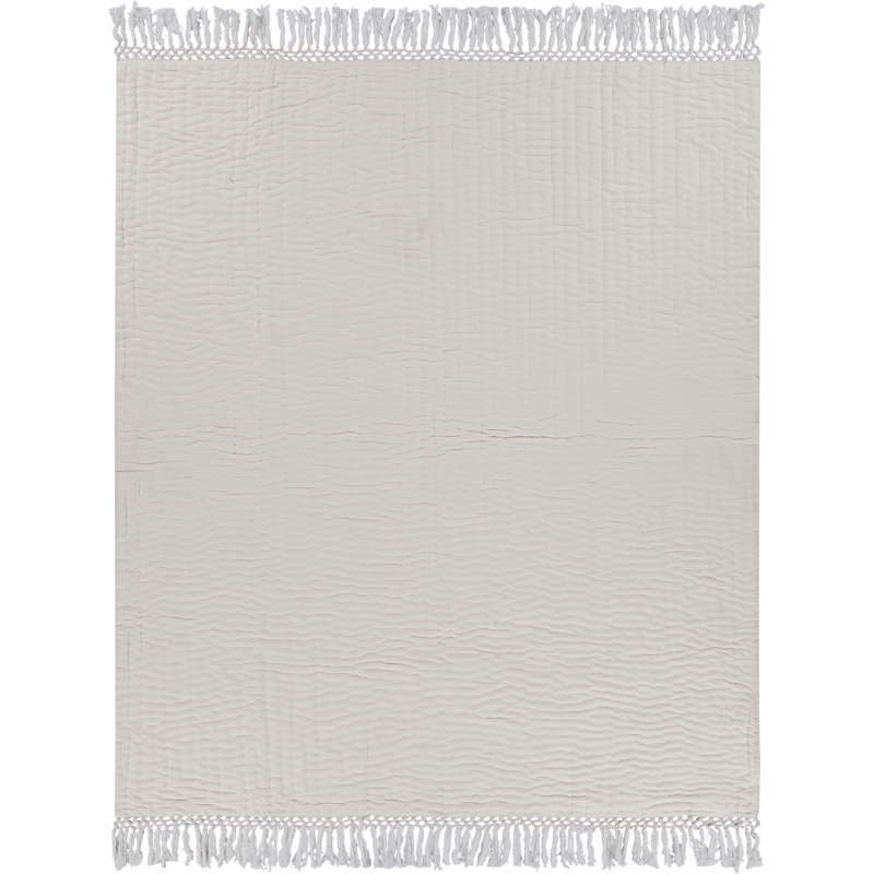 Ivory Cotton Reversible Throw Blanket with Fringe