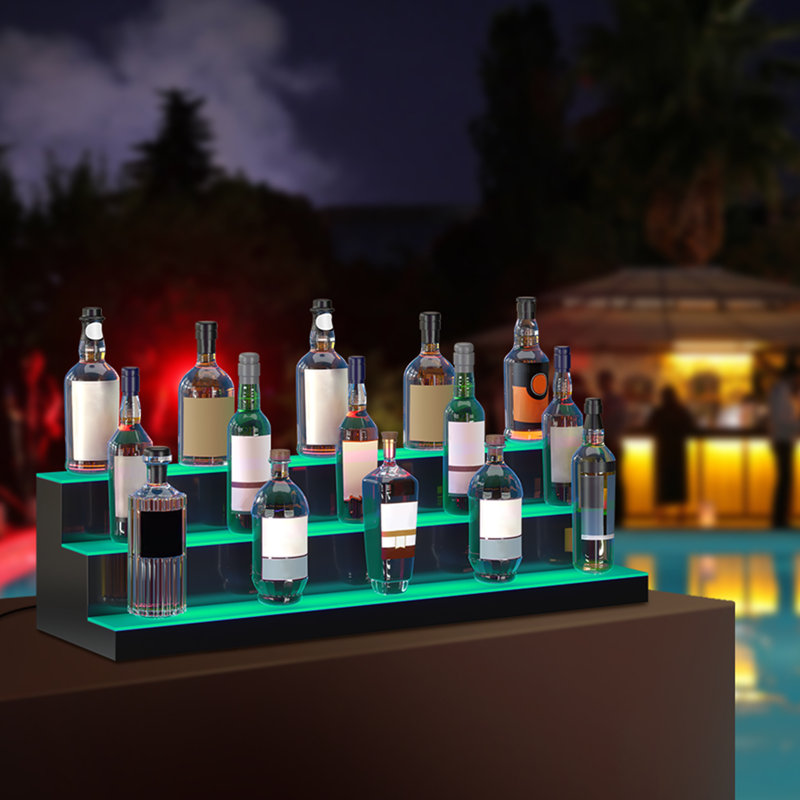 VEVOR LED Lighted Liquor Bottle Display Bar Shelf RF & App Control 30" 3-Step, 10" H x 40" W x 12" D