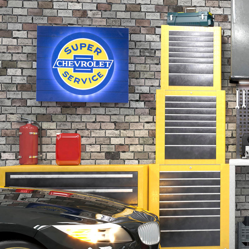 Vintage Chevrolet Super Service Blue and Yellow Metal LED Sign