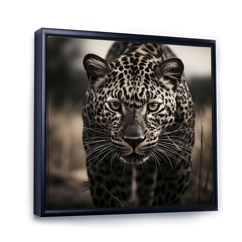 Portrait d'un léopard africain sur toile, H 16 po x l 16 po x P 1 po, Cadre flottant noir