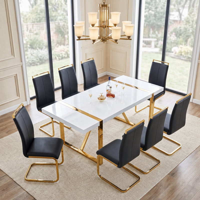 9-Piece Modern Glam Rectangular High-Gloss Dining Set with Faux Leather Cantilever Chairs, 9 Pieces: Table, 8 Chairs, Black