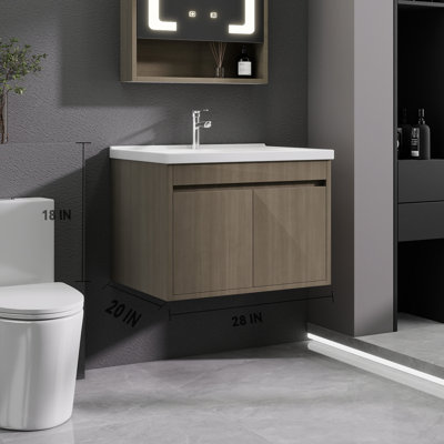 Compact Modern Vanities With Ceramic Sink, Brown Walnut Finish