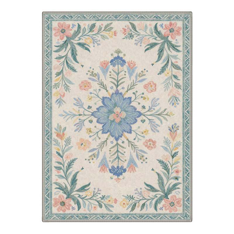 Abadou Vintage Floral Machine Washable Dusty Blue / Beige Indoor Area Rug With Non-Slip Backing, Rectangle 8' x 10'