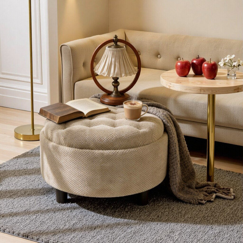 Repose-pieds de 25 po avec repose-pieds chameau - table basse ronde avec compartiment caché, plateau en bois, pouf en tissu pour le salon et la chambre à coucher