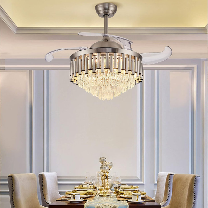 42 Inches Invisible Crystal Ceiling Fan Chandelier, Modern Remote Control Crystal Ceiling Fan Lighting For Dinning Room Bedroom Living Room
