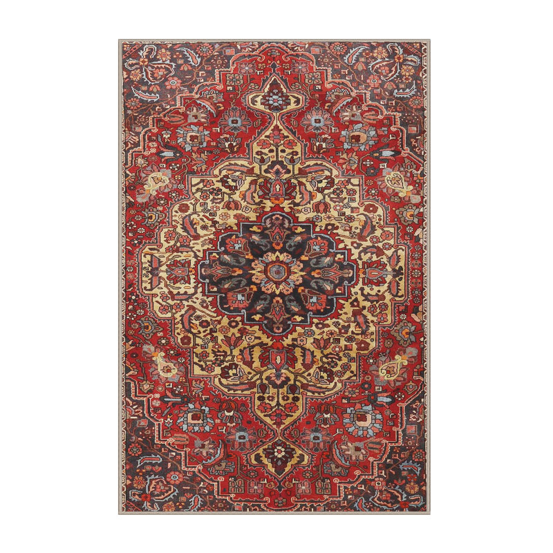 Tapis traditionnel rouge / noir, Rectangle 5 pi x 7 pi