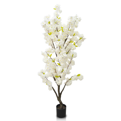 5ft Potted Artificial White Cherry Blossom Tree, Realistic Silk Flowers in Black Planter for Indoor/Outdoor Home & Office Decor