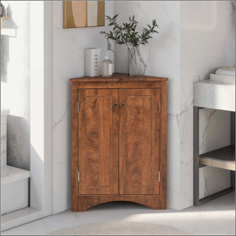 Triangle Bathroom Storage Cabinet With Adjustable Shelves, Freestanding Floor Cabinet For Home Kitchen, Brown