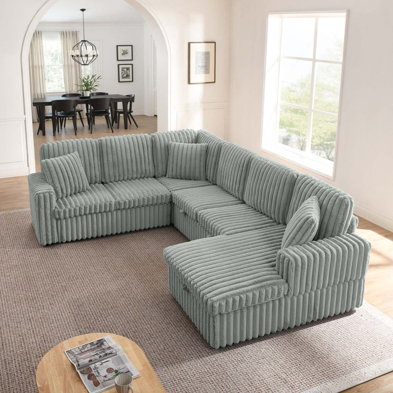 Canapé moderne en U en velours côtelé avec lit escamotable et méridienne de rangement, Gray Corduroy