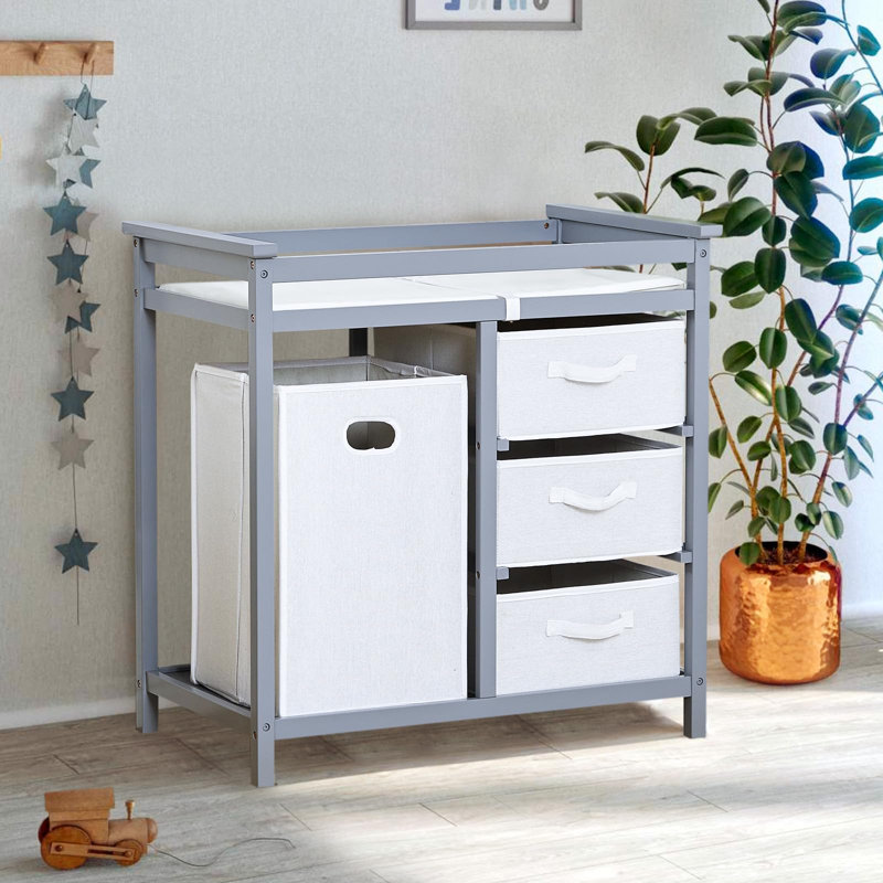 Table à langer en bois, table à langer, commode à langer avec panier à linge, panier à 3 tiroirs et matelas à langer (gris)