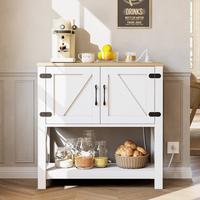 Farmhouse Console Table with Power Outlet, Entryway  Table with Storage Cabinet & Shelf,  Coffee Bar for Hallway, Kitchen, Living Room, White