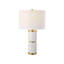 Lampe de table, abat-jour tambour en lin, base en céramique blanche avec accents dorés, 26 po