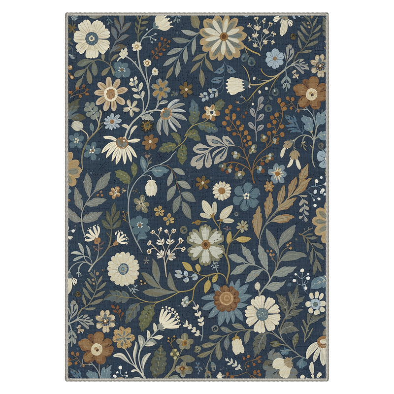 Aazad Botanical Floral Machine Washable Blue / Green / Beige Indoor Area Rug with Non-Slip Backing, Rectangle 9' x 12'