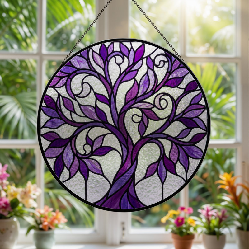 Panneau de vitrail d'arbre mauve 7,8 "H, H 7,8 po x l 7,8 po