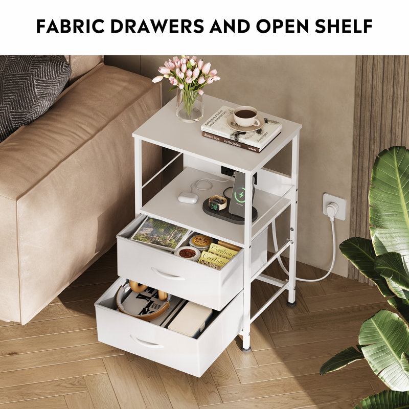 Gwytha Farmhouse Nightstands with Charging Station and LED Lights, Bedside Tables With 2 Drawers and Open Shelf, USB Ports And Outlets