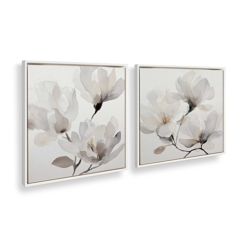Ensemble de 2 impressions murales Whispered Magnolia, 16 po x 16 po, Cadre flottant blanc opaque