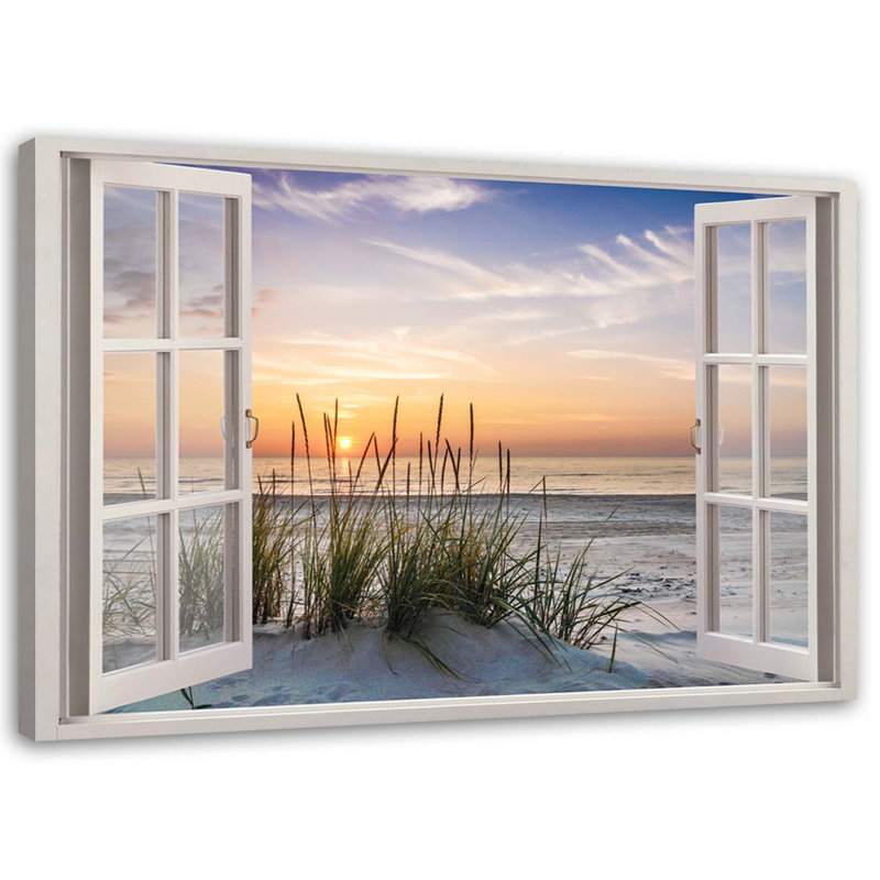 Mural, Window View Of The Beach Sea - No Frame Print on Canvas, 80cm H x 120cm W