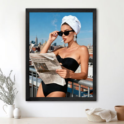 «Black», encadré noir, loisirs, plage, journal, lecture, fille, art mural, impressions de style rétro