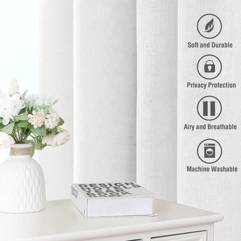 Linen Curtains for Living Room 2 Panels Back Tab Loop Pocket Textured Light Filtering Semi Sheer Rustic Farmhouse Boho Curtain for Bedroom , Bright White