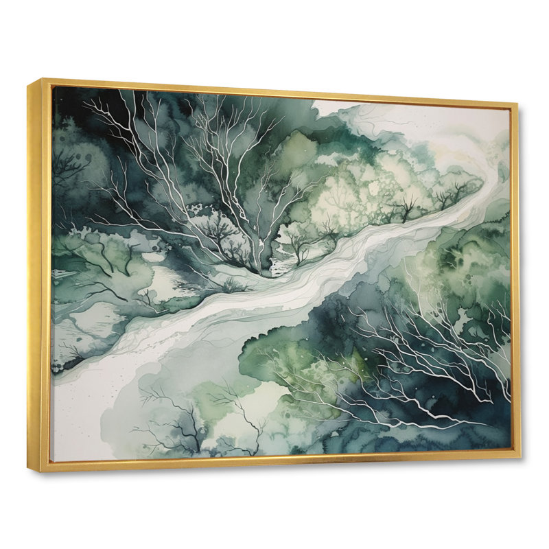 Vert et bleu marbré Dreamscape IV sur toile, H 24 po x l 32 po x P 1 po, Cadre flottant doré