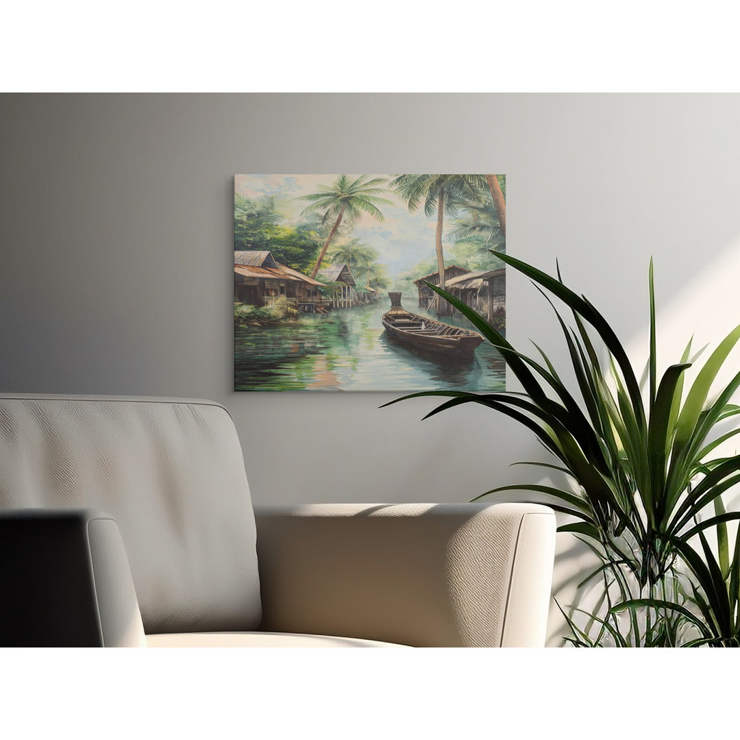 Tropical Village Canvas Wall Art, River Boat Painting, Ready to Hang, Gallery Wrapped, Coastal Decor, Archival Quality Canvas Print