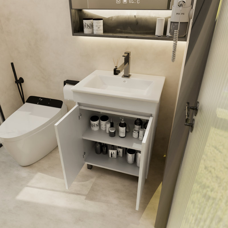 Meuble-lavabo de salle de bain avec lavabo 24 po, autoportant pour petit espace avec 2 armoires à fermeture en douceur, rangement