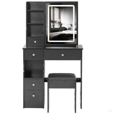 29.2" Small Left Drawer Desktop Vanity Table + Cushioned Stool