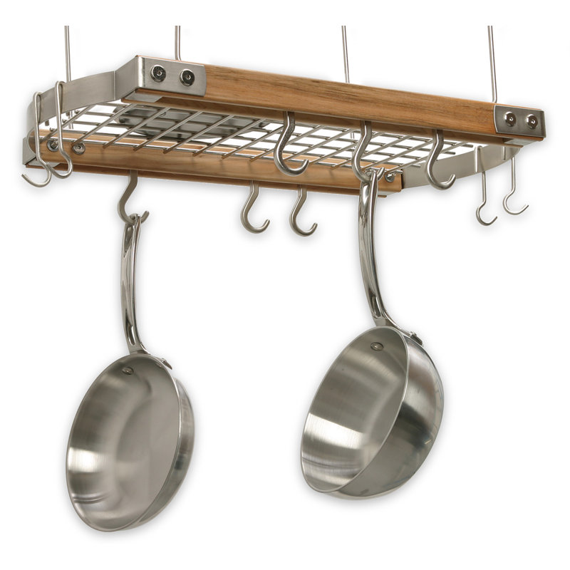 Natural Wood and Metal Ceiling Pot Rack with Hooks