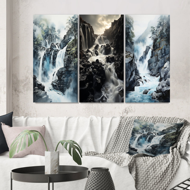 «Waterfall Endless Waterfall Journey», 3 pièces sur toile, Cadre blanc, H 40 po x l 60 po