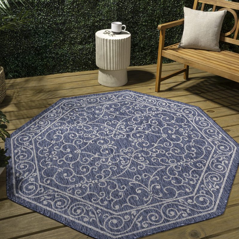 Hagerman Vintage Filigree Textured Weave Navy/Gray Indoor/Outdoor Rug, Octagon 5'3"