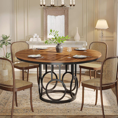 Table de salle à manger de 47 po pour 4 à 6 personnes, table de salle à manger en bois avec base en métal, table de salle à manger de style maison de campagne pour petits espaces, finition brune)