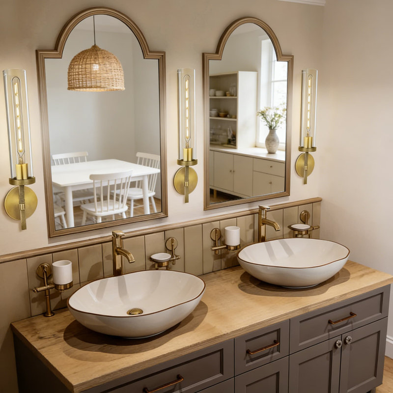 Ensemble de deux appliques murales modernes en laiton avec tube en verre transparent, lumières de meuble-lavabo, appliques en bronze pour la chambre à coucher, le salon, le couloir et l'escalier