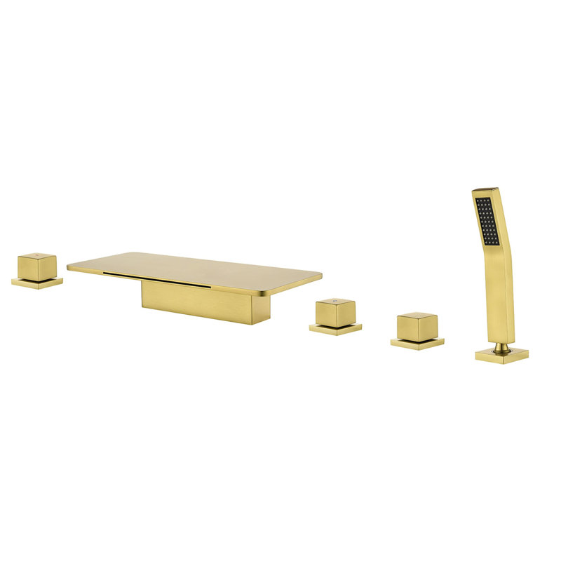 5 Hole Deck Mount Tub Faucet With Handheld Shower Waterfall Bathtub Faucets Modern Brass 3 Handle Tub Fillers With Valve