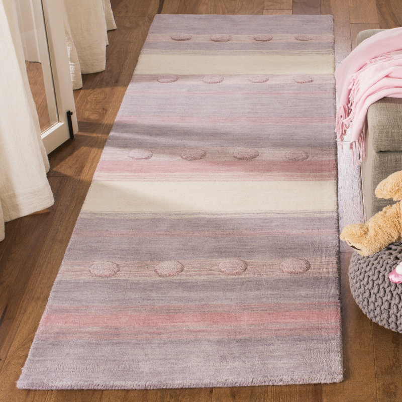 Tapis mauve clair en laine tissé à la main à plat Gosselin, Tapis de couloir 2 pi 6 po x 8 pi